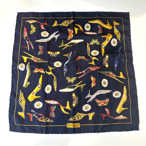Salvatore Ferragamo Navy Blue Vintage Shoe and Butterfly Print Square Silk Scarf - Picture 1 of 9